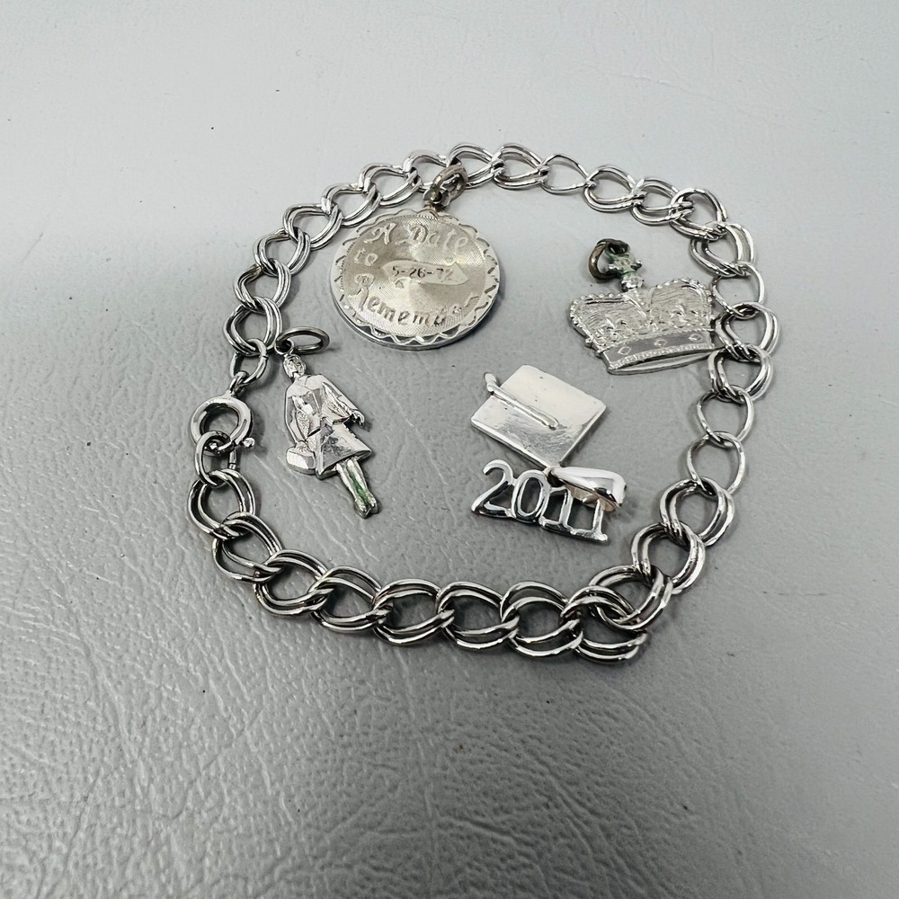 Sterling Charm Bracelet Graduation Theme 7 Inch Silver Tone Vintage Charms